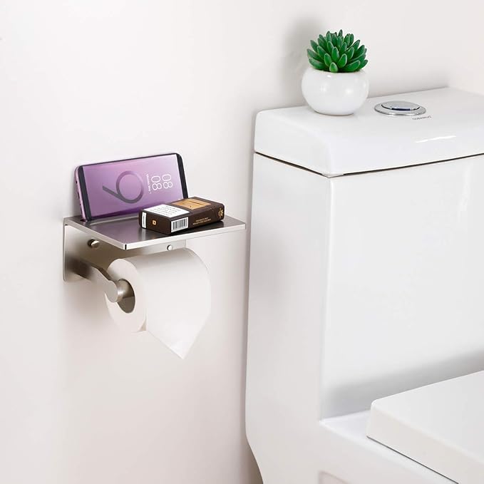 Toilet Paper Holder with Shelf, Aluminum Tissue Roll Holder with Mobile Phone Storage Shelf for Modern Bathroom, 3M Self Adhesive No Drilling or Wall-Mounted with Screws, Brushed Nickel