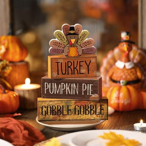 Lineshading 4 Pcs Thanksgiving Table Decoration, Turkey Wooden Block Signs