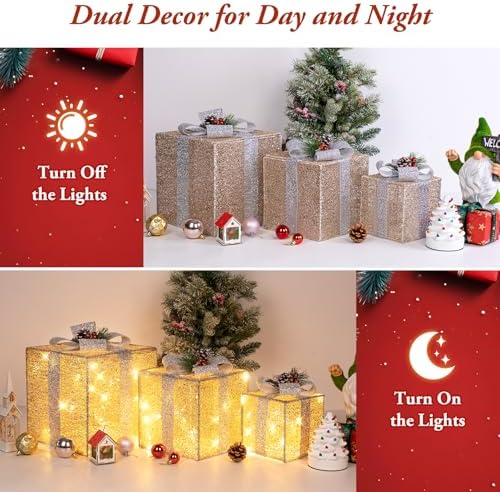 Brightever 10" 8" 6" Set of 3 Christmas Lighted Gift Boxes - Pre-lit 70 LED Plug-in Larger Present Boxes Outdoor Christmas Decorations, Warm White Prelit Xmas Ornaments for Tree Porch Yard Lawn Decor
