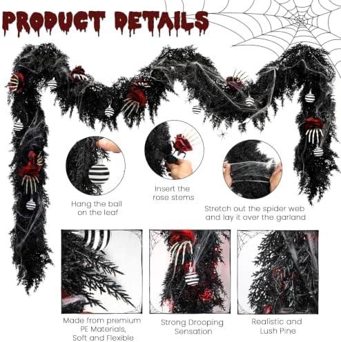 9FT Black Garland with Lights and Ornaments Prelit Halloween Decoration