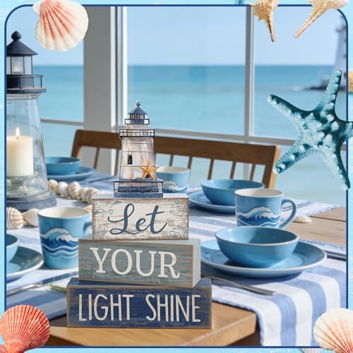 Lineshading 4 Pcs Lighthouse Coastal Decor Wooden Block Signs Rustic