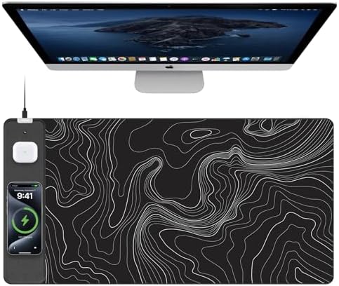 Mouse Pad with Wireless Charging, Large Desk Mat, Black Topographic Map #2