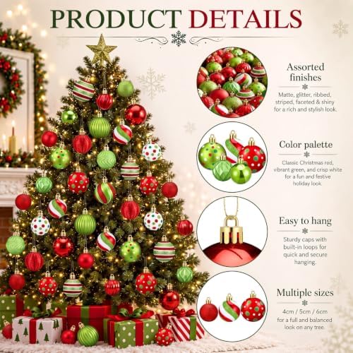 Lunmon 64 Pcs Christmas Ball Ornaments Red Lime Green White Xmas Ornaments 1.6/1.97/2.4 Inch Polka Dots Stripes Peppermint Candy Cane Baubles Modern Shatterproof Christmas Decorations for Tree Home