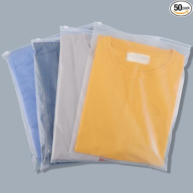 Clothes Packaging Bags for Shipping, 50 Count 10x13 inch Frosted Zipper Plastic Bags for Clothing, Thick Plastic Apparel Bag for Packaging T-Shirt, Shirt, Document, 3 Mil, Storage Bag