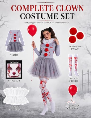 Women Halloween Scary Clown Costume with Bloody Tutu Dress and Face Gems