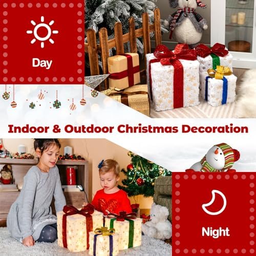 Tangkula Set of 3 Christmas Lighted Gift Boxes, Pre-lit Xmas Box Decoration