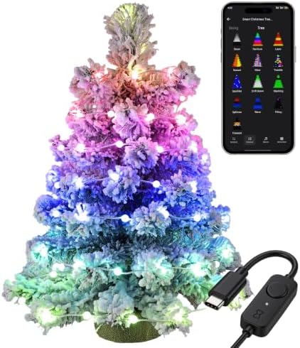 Brizled Snow Flocked Smart Christmas Tree, 22.8in Mini Christmas Tree with 100 LED RGB Lights, App/Voice Control 159+ Scenes Tabletop Xmas Tree USB C Small Tree Work with PD Power for Fireplace Desk