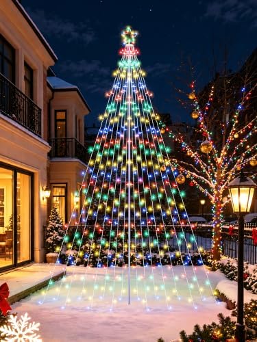 Outdoor Christmas Tree Lights with Pole, 16 FT, Warm White and Multicolor