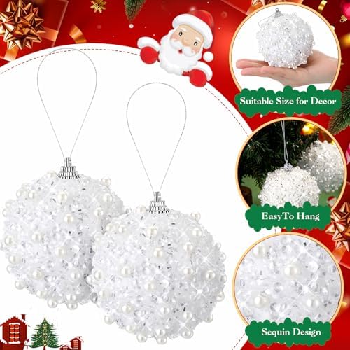 Riceshoot 12 Pcs 6 Inch Christmas Ball Ornaments Pearl Sequin,White