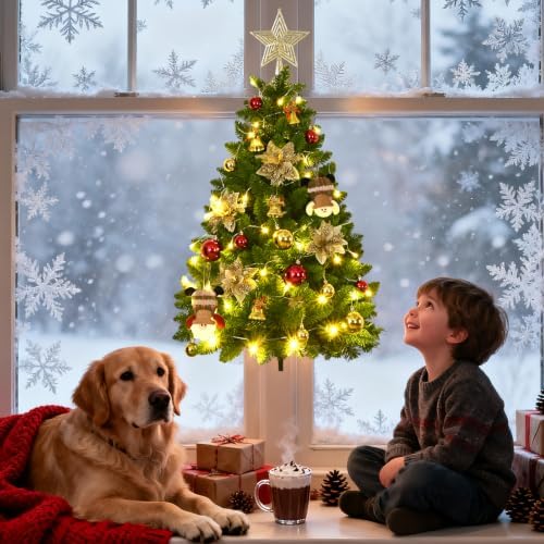 3 FT Wall Christmas Tree, Dark Green Half Christmas Tree Wall Hanging, DIY 1/2 Chrismas Tree for Window with Lights, Ornaments and Hooks, Hainging Xmas Tree for Door, Pet Owners Xmas Decor