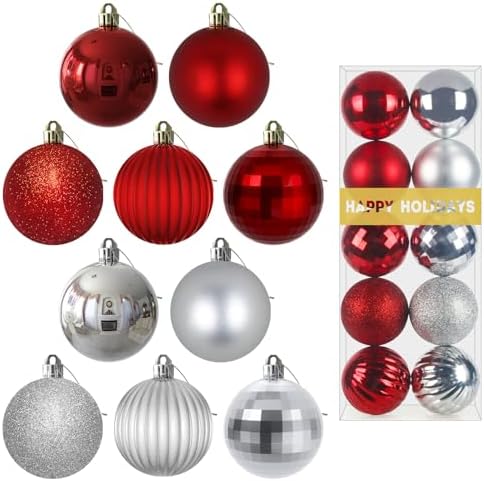 Silver & Red 3.2" Large Christmas Balls - Christmas Tree Decoration Ornaments Shatterproof Hanging Balls for Birthday Halloween Holiday Wedding Decorations Set of 10pcs