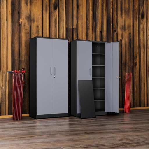 Metal Garage Storage Cabinet with 2 Doors and 5 Adjustable Shelves - 71" Steel Lockable File Cabinet,Locking Tool Cabinets for Office,Home,Garage,Gym,School (Gray Black)