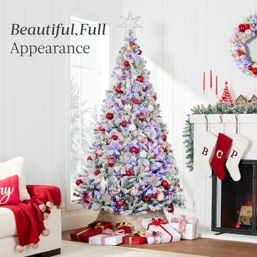 Best Choice Products Pre-Lit Artificial Christmas Tree 6ft Snow Flocked Pine Tree, 2-in-1 White and Multicolor LED Lights, Full Snowy Appearance