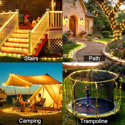 KNONEW Solar Rope Lights Outdoor 2 Packs Total 600LED 100FT Solar String Light Outside Waterproof with 8 Modes Clear Thin Tube for Pool Patio Garden Fence Camping Yard Deck Trampoline（Warm White）