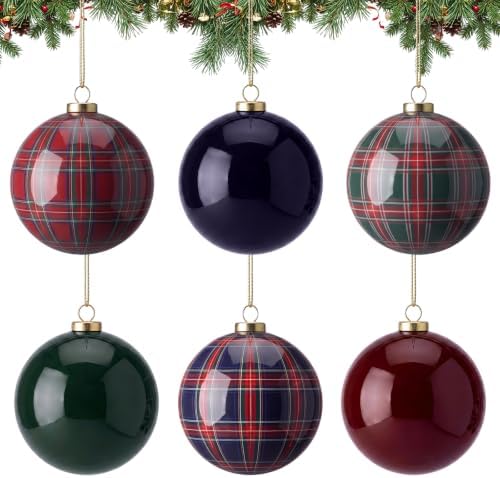 6 Pcs Plaid Christmas Ball Ornaments 4 Inch Green Blue Burgundy Balls
