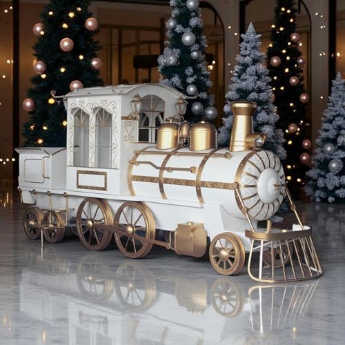 Zaer Ltd. Large Metal Christmas Train Commercial Decoration (White-Gold Color, 16.25 Feet Long - Extra Large)