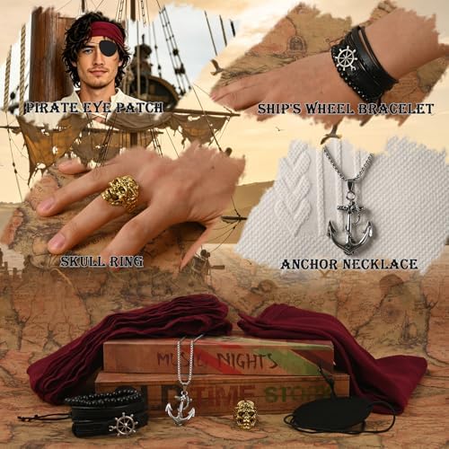 Men’s Pirate Costume Set, 8-Piece Renaissance Medieval Outfit Accessories