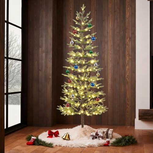 Lightshare 7.5FT 180L Warm White Evergreen Pine Needle Tree, Pencil Christmas Tree Lighted Pyramid Design with Ornaments, Remote Control & Dimmable, Artificial Christmas Holiday Decoration