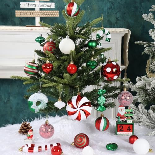 105Ct Red Green and White Christmas Ornaments Set Shatterproof Candy Cane Theme Decorations for Xmas Tree, Donut Polka Dot Assorted Ornaments for Holiday Family Decor (Red Green White)