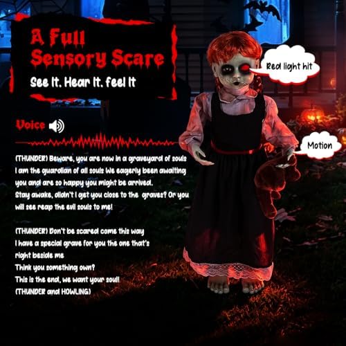 Quntis 35Inch Scary Halloween Animatronic Outdoor Decoration, Sound & Touch Activated Creepy Haunted Girl with Moving Head and Hand, Glowing Red Eye, Spooky Sounds, Weighted Base, No Assembly Required
