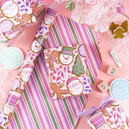 WRAPAHOLIC 30 Inch Reversible Gingerbread Christmas Wrapping Paper - 30 Inch x 33 Feet - Pink Purple Stripes and Gingerbread Wrapping Paper for Xmas Holiday, Party Celebration