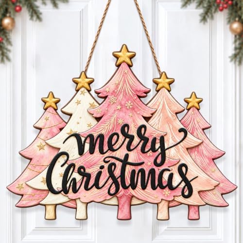 Christmas Decorations Pink Pine Tree Merry Christmas Hanging Wooden Sign