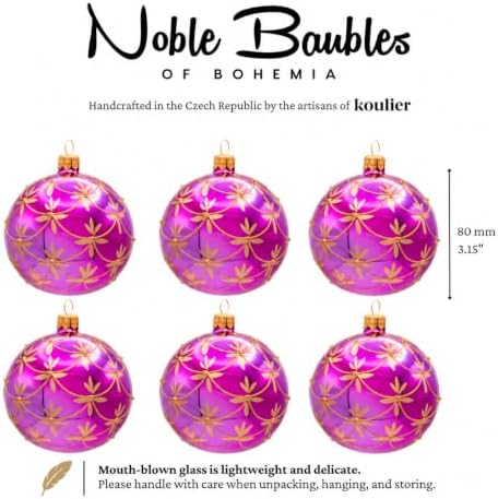 Luxury Handcrafted European Glass Christmas Ball Ornaments - Set of 6 - Magenta Art Nouveau - 8 cm - Mouth-Blown & Hand-Painted