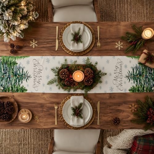 Christmas Decorations - Pine Tree Snowflake Merry Christmas Table Runner