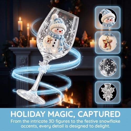 Christmas Wine Glass Collection Gift Box Set, Christmas Wine Glasses, Raised Holiday Goblet with Snowflake Decor, Festive Glassware, Wines & Cocktails, Holiday Party & Table Decor (B)