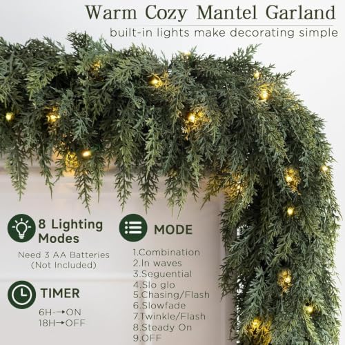 4PCS 6FT Christmas Pre-Lit Cedar Garlands with Lights Pine Garland Decor