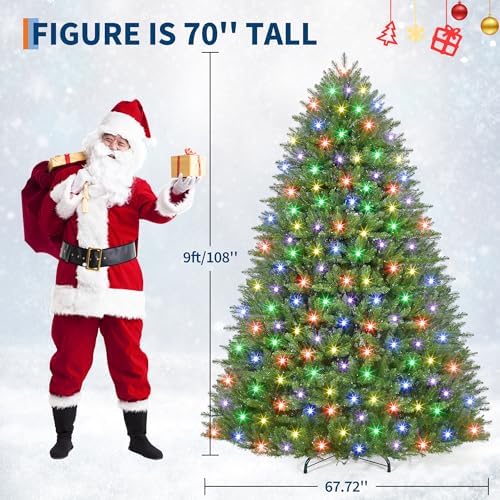 9ft Pre-Lit Artificial Spruce Christmas Tree with 900 Dual-Color LEDs, 3600 Thickened Branch Tips & 2 Lighting Modes, Easy Setup Automatic Branches for Home, Office & Party