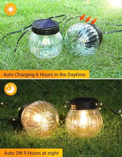 PARTPHONER Solar Lights Outdoor Waterproof 12-Pack, Solar Powered Hanging Lantern Ribbed Glass Hanging Globes for Yard Decor Christmas Decoration, Shepherd Hook, Garden Tree Ornaments, Clear