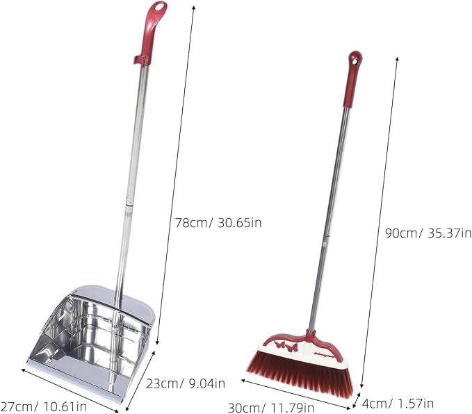 Mikinona Broom and Dustpan Set with Long Handle, Light Weight Stainless Steel Poles Stand Upright Dustpans with Broom Combo for Home Kitchen Office Pet Dog Hair