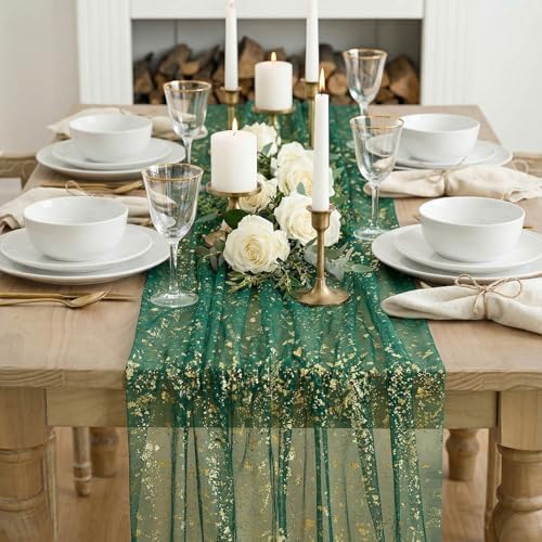 Artoid Mode Green Gold Gauze Table Runner 59x120 Inch 10FT, Glitter Metallic Foil Sheer Dining Wedding Anniversary Holiday Table Decor for Home Party