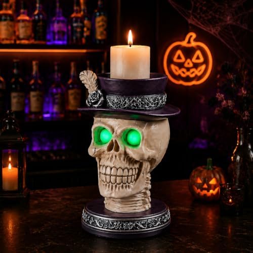 Halloween Skull Candle Holder with Glowing Eyes - Gothic Skeleton Statue