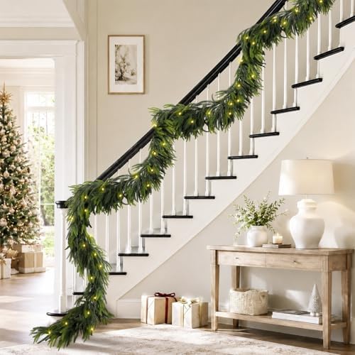 N&T NIETING 15FT Christmas Norfolk Pine Pre-Lit Garland with 125 LED Lights Real Touch Prelit Garland Christmas Greenery Garland for Table Mantle Fireplace Stairs Indoor Outdoor Xmas Decorations