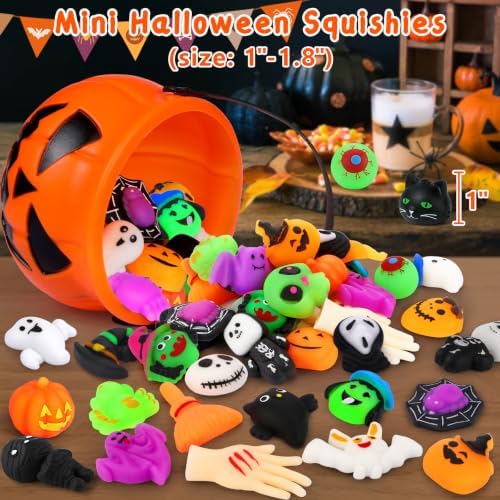 OCATO 50Pcs Halloween Mochi Squishy Toys with Pumpkin Bucket for Kids