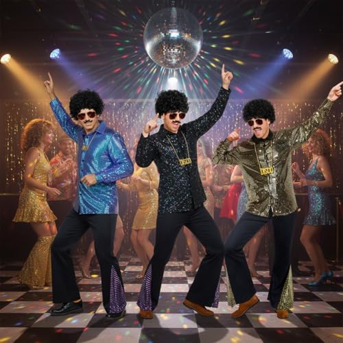 Mepase 6 Pcs Men 70s Disco Outfit Bell Bottom Pants Wig