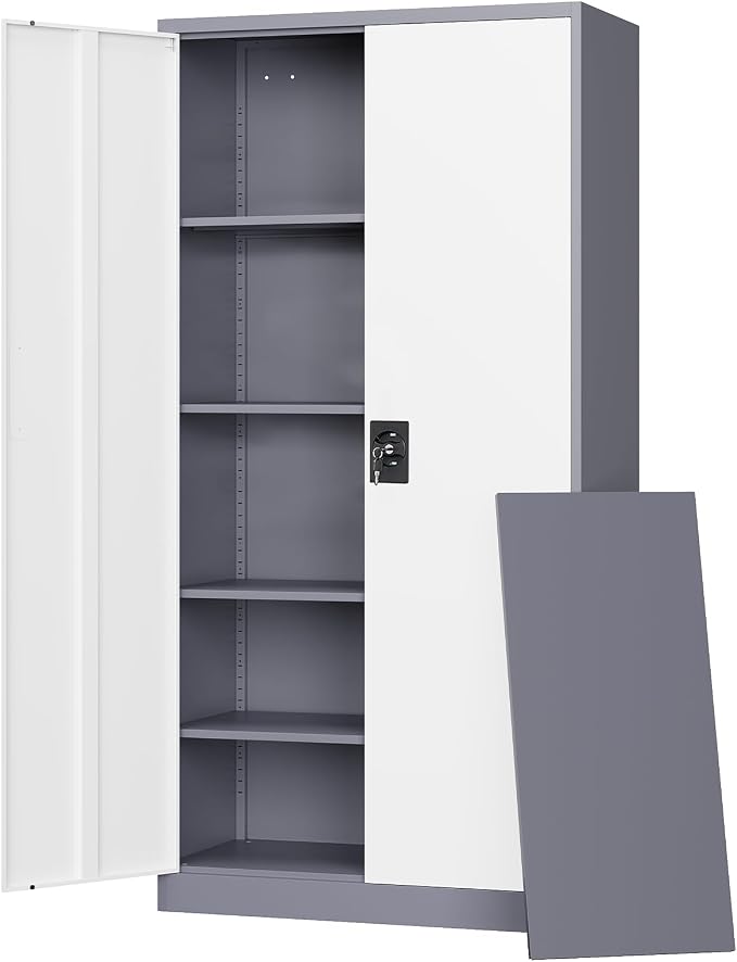 Metal Garage Storage Cabinets with Lock Door and Adjustable Shelves, Steel Tool Cabinets for Home,Office,Warehouse Organisieren (Gery White, 71" H)