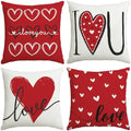 Valentines Day Decorations-Valentine Pillow Covers 18x18 Set of 4, Red Hearts I Love You Happy Valentine's Day Throw Outdoor Pillow Covers Anniversary Wedding Cushion Case for Home Sofa Couch Decor