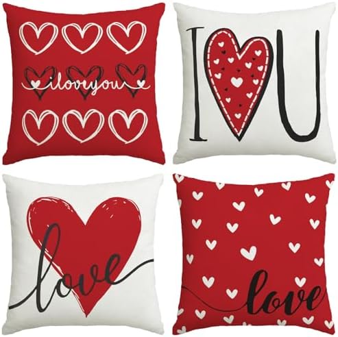 Valentines Day Decorations-Valentine Pillow Covers 18x18 Set of 4, Red Hearts I Love You Happy Valentine's Day Throw Outdoor Pillow Covers Anniversary Wedding Cushion Case for Home Sofa Couch Decor