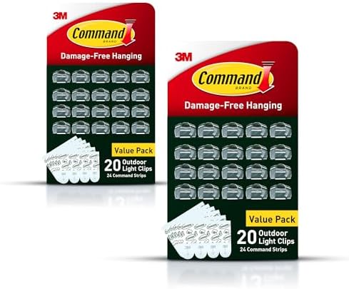 Command Outdoor Light Clips, 40 Clear and 48 Strips, Damage Free Hanging with Weather Resistant Strips, Wall Clips for Hanging Outdoor Lights and Cable Management