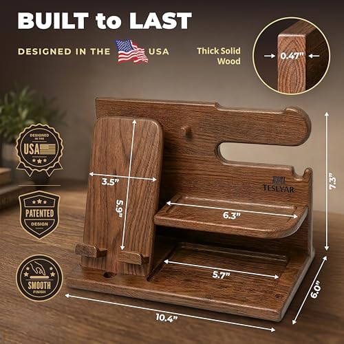 TESLYAR Wood Phone Docking Station for Men - Desk or Nightstand Organizer - Birthday Gifts for Husband or Dad - Anniversary Idea from Wife - Key Holder, Stand Wallet, Watch & Essentials (Earth Beige)