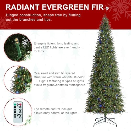 Glitzhome 11ft Prelit Artificial Christmas Tree, Radiant Evergreen Fir with 850 Warm White/Multi-Color LED Lights, Holiday Tree w/Easy Assembly, Metal Hinges & Foldable Base