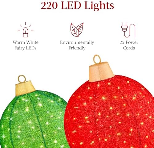 Best Choice Products 2pc Lighted Pop-Up Outdoor Christmas Ornament Set, Holiday Ball Decoration w/ 220 LED Lights, 8 Light Functions - Red/Green