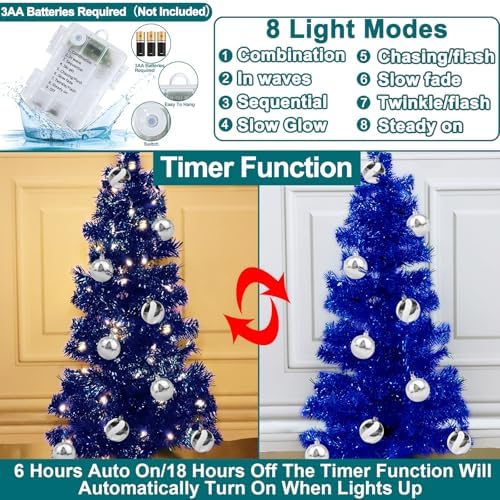 Timer - 3 Ft Blue Christmas Tree with Lights, DIY 50 Warm Lights 15 Ball & 3D Star Battery Operated 8 Modes Pencil Mini Tabletop Small Christmas Tree Xmas Indoor Table Home Hanukkah Decorations
