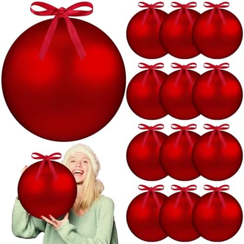 Weysat Extra Large Christmas Hanging Ornaments Oversized Plastic Balls for Outside Lawn Yard Tree Hanging Decorations(Red,8 Inch)