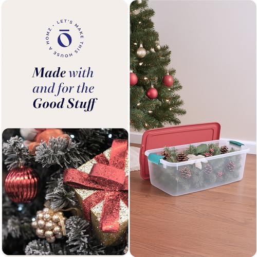 HOMZ Holiday Tote Plastic Storage Bin with Lid, 64 Qt, Clear/Red, 6 Pack