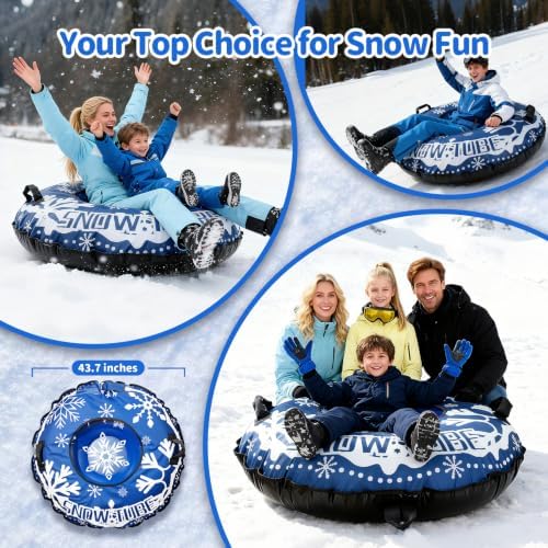 Snow Tube, Heavy Duty Inflatable Snow Sled with Reinforced Cover, Snow Sleds with Handles, Suspended Seat and Pull Rope for Winter Sledding