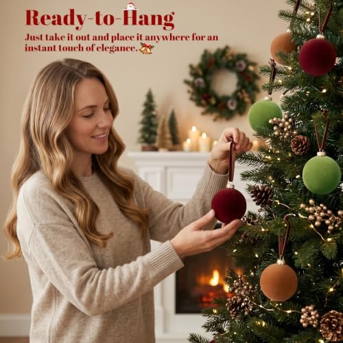 TOWPONICS 15 Pcs Velvet Christmas Tree Ornaments, 3.15 Inch Red Green Brown Velvet Ornaments for Christmas Tree, Flocked Ornaments Balls for Family Holiday Wedding Party Xmas Hanging Decoration